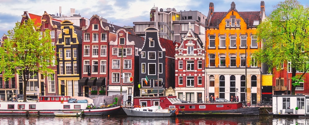 Amsterdam Netherlands Dancing Houses Over River Amstel Landmark