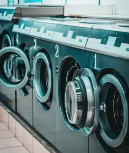 Empty washing machines in a laundromat
