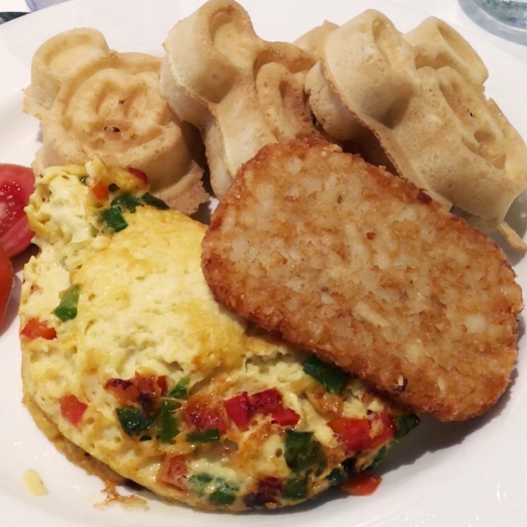 Disney Cruise Line breakfast: omelet, waffles, and hash browns