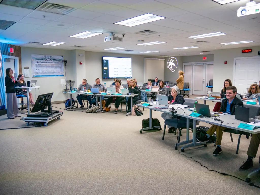 The Commissions Team leading the "myTravelCRM" presentation in front of a group of agents