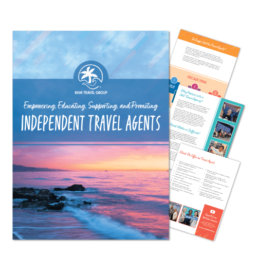 "KHM Travel Group, Empowering, Educating, Supporting and Promoting Independent Travel Agents." Image of booklet with three pages inserts.