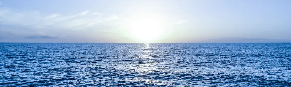 overlooking ocean out to the horizon with a bright sun and puffy white clouds