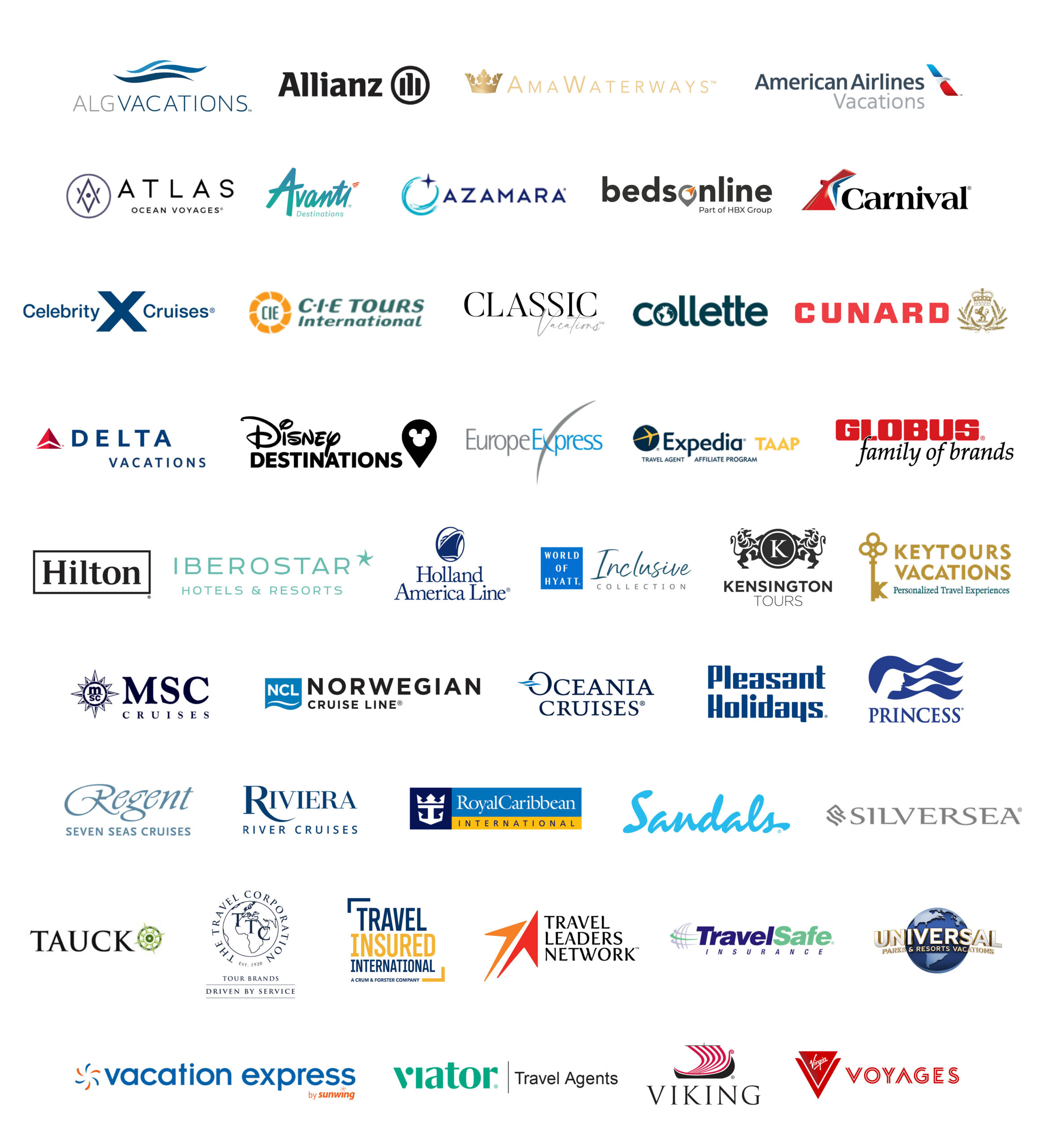 KHM Travel Group Supplier Partners for 2024  "ALG Vacations, Allianz, AmaWaterways, American Airlines Vacations, Atlas Ocean Voyages, Avanti, Azamara, BendsOnline, Carnival, Celebrity Cruises, CIE Tours, Classic Vacations, Collette, Cunard, Delta Vacations, Disney Destinations, Europe Express, Expedia TAAP, Globus family of brands, Hilton, Iberostar, Holland America Line, Inclusive Collection a part of Hyatt Hotels & Resorts, Kensington Tours, KeyTours, MSC Cruises, Norwegian Cruise Line, Oceania Cruises, Pleasant Holidays, Princess, Riviera River Cruises, Regent, Royal Caribbean, Sandals, Silversea, Tauck, The Travel Corporation, Travel Insured International, Travel Leaders Network, Travel Safe, Universal, Vacation Express, Viator, Viking, Virgin Voyages"