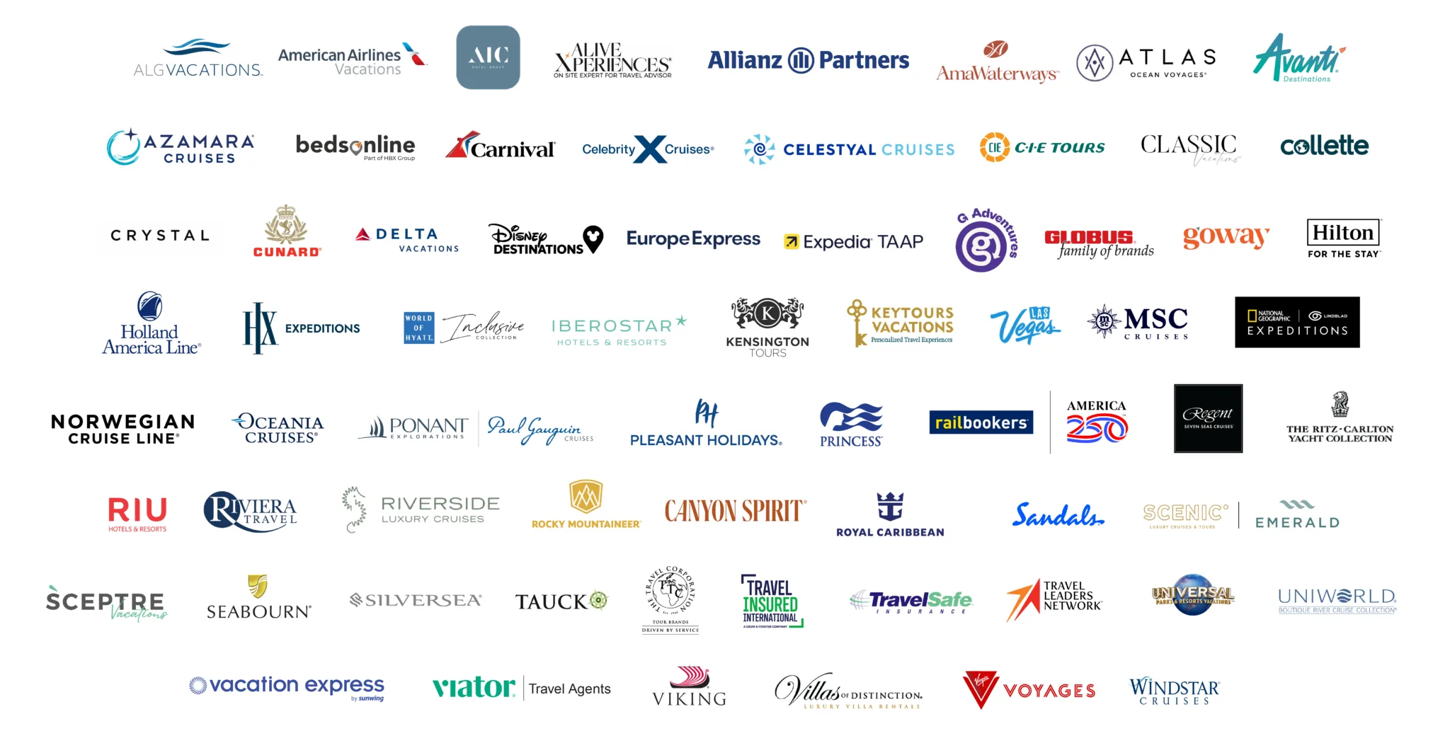 KHM Travel Group Supplier Partners for 2026 “ALG Vacations, American Airlines Vacations, AIC, AliveXperiences, Allianz, AmaWaterways, Atlas Ocean Voyages, Avanti Destinations, Azamara, Bedsonline, Carnival, Celebrity Cruises, Celestyal Cruises, CIE Tours, Classic Vacations, Collette, Crystal Cruises, Cunard, Delta Vacations, Disney Destinations, Europe Express, Expedia TAAP, G Adventures, Globus family of brands, Goway, Hilton, Holland America, HX Expeditions, Inclusive Collection a part of Hyatt Hotels & Resorts, Iberostar, Kensington, Keytours, Las Vegas, MSC Cruises, National Geographic - Lindblad Expeditions, Norwegian Cruise Line, Oceania Cruises, Ponant & Paul Gauguin Cruises, Pleasant Holidays, Princess, Railbookers, Regent, Ritz-Carlton Yacht Collection, RIU Hotels & Resorts, Riviera Travel, Riverside Luxury Cruises, Rocky Mountaineer & Canyon Spirit, Royal Caribbean, Sandals, Scenic and Emerald Cruises, Sceptre Vacations, Seabourn, Silversea, Tauck, The Travel Corporation, Travel Insured, Travel Safe, Travel Leaders Network, Universal Parks & Resorts, Uniworld, Vacation Express, Viator, Viking, Villas of Distinction, Virgin Voyages, and Windstar Cruises.”