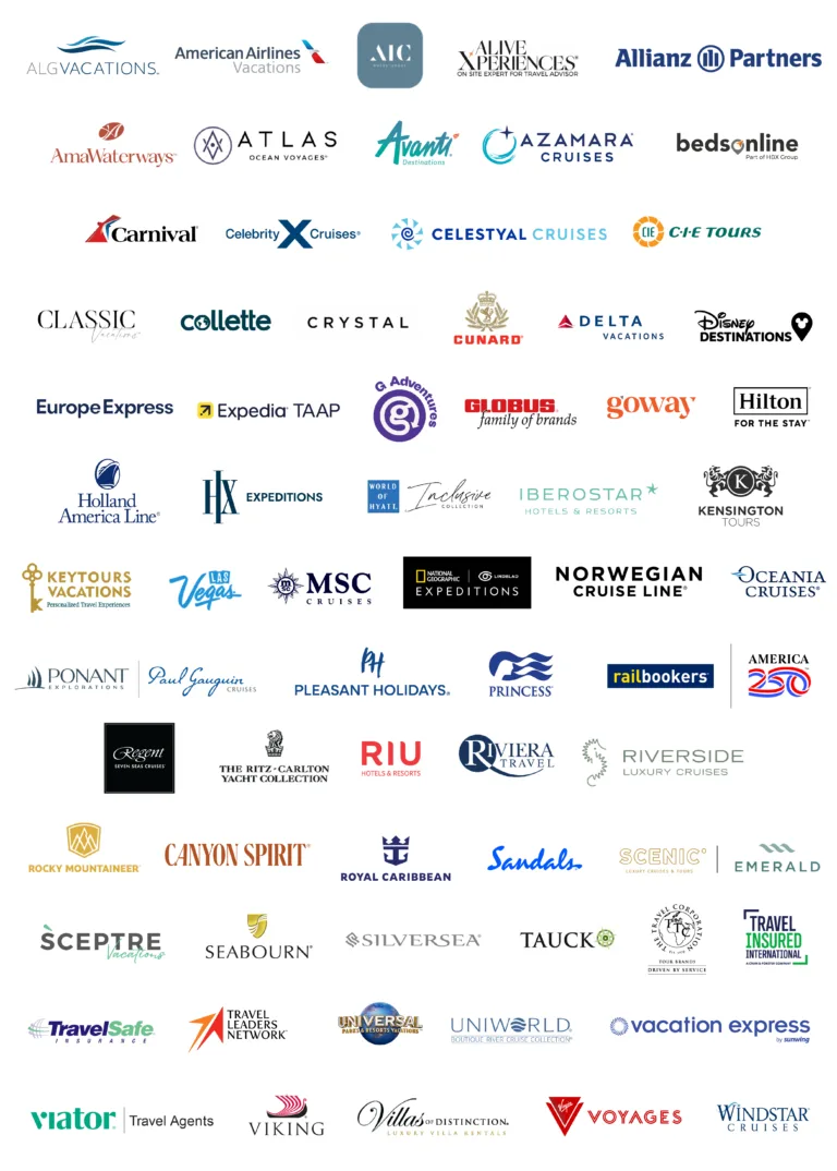 KHM Travel Group Supplier Partners for 2026 “ALG Vacations, American Airlines Vacations, AIC, AliveXperiences, Allianz, AmaWaterways, Atlas Ocean Voyages, Avanti Destinations, Azamara, Bedsonline, Carnival, Celebrity Cruises, Celestyal Cruises, CIE Tours, Classic Vacations, Collette, Crystal Cruises, Cunard, Delta Vacations, Disney Destinations, Europe Express, Expedia TAAP, G Adventures, Globus family of brands, Goway, Hilton, Holland America, HX Expeditions, Inclusive Collection a part of Hyatt Hotels & Resorts, Iberostar, Kensington, Keytours, Las Vegas, MSC Cruises, National Geographic - Lindblad Expeditions, Norwegian Cruise Line, Oceania Cruises, Ponant & Paul Gauguin Cruises, Pleasant Holidays, Princess, Railbookers, Regent, Ritz-Carlton Yacht Collection, RIU Hotels & Resorts, Riviera Travel, Riverside Luxury Cruises, Rocky Mountaineer & Canyon Spirit, Royal Caribbean, Sandals, Scenic and Emerald Cruises, Sceptre Vacations, Seabourn, Silversea, Tauck, The Travel Corporation, Travel Insured, Travel Safe, Travel Leaders Network, Universal Parks & Resorts, Uniworld, Vacation Express, Viator, Viking, Villas of Distinction, Virgin Voyages, and Windstar Cruises.”